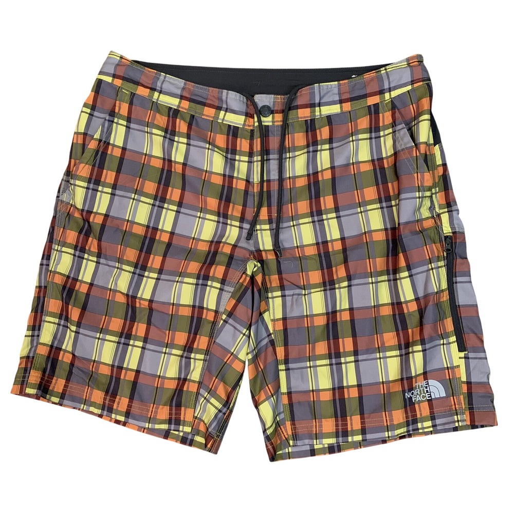 The North Face Board Shorts Mens 38 Orange Plaid Hiking Swim Trunks Outdoor